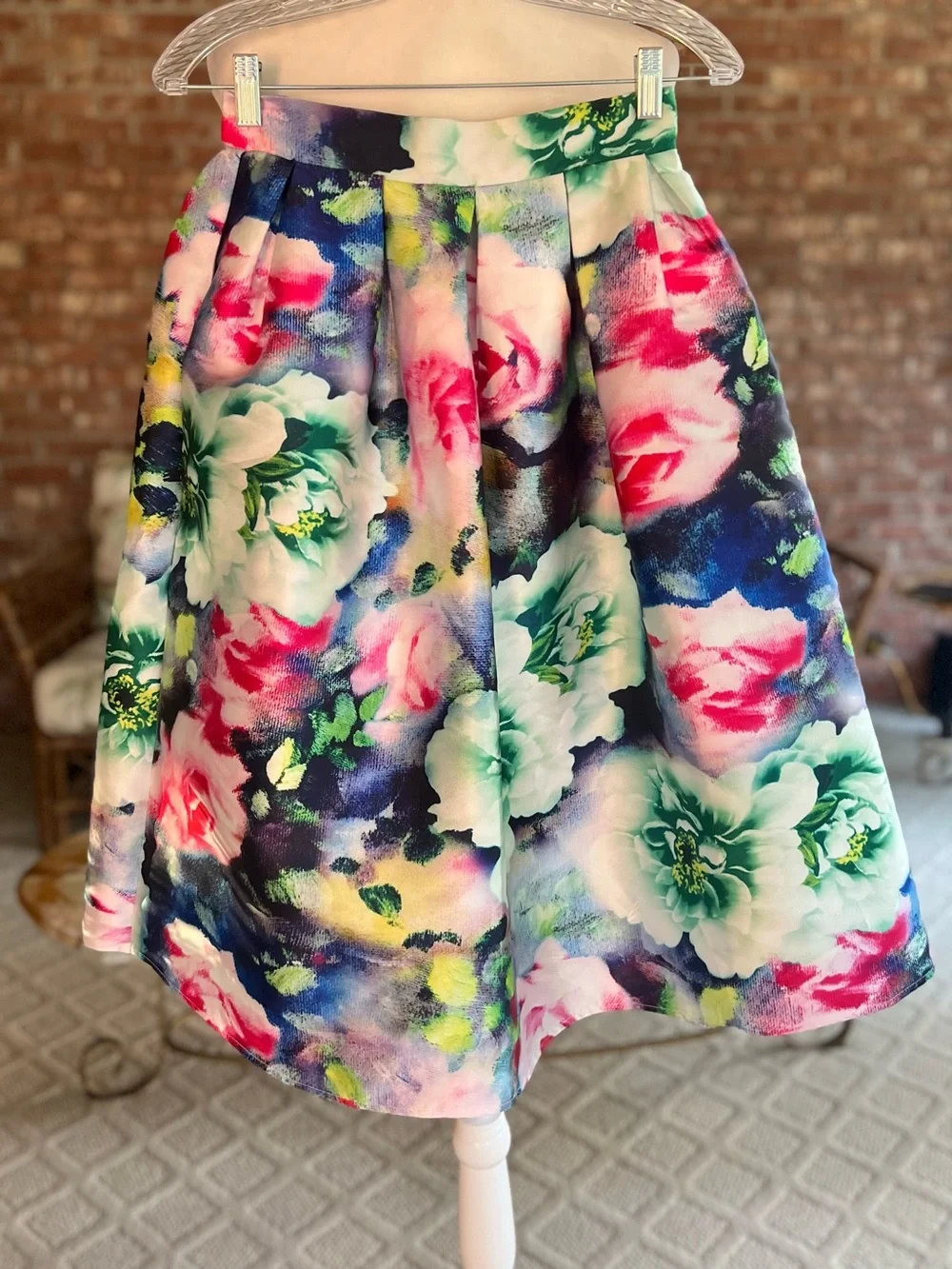 Akira Chicago Floral Multicolor Taffeta Pleated Full Midi Skirt S Retro Party